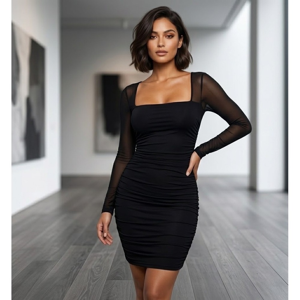 NWOT Black Ruched Bodycon Mini Dress Sheer Mesh Long Sleeve Square Neck XS